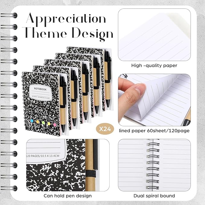 Dunzoom 24 Sets Spiral Notebook Bulk, Steno Pads Lined Notepad with Pen, Sticky Notes Colored Index Tabs, 5.2" x 4.1" Pocket Notebook for Home Business Office Supplies, 60 Sheets (Black)