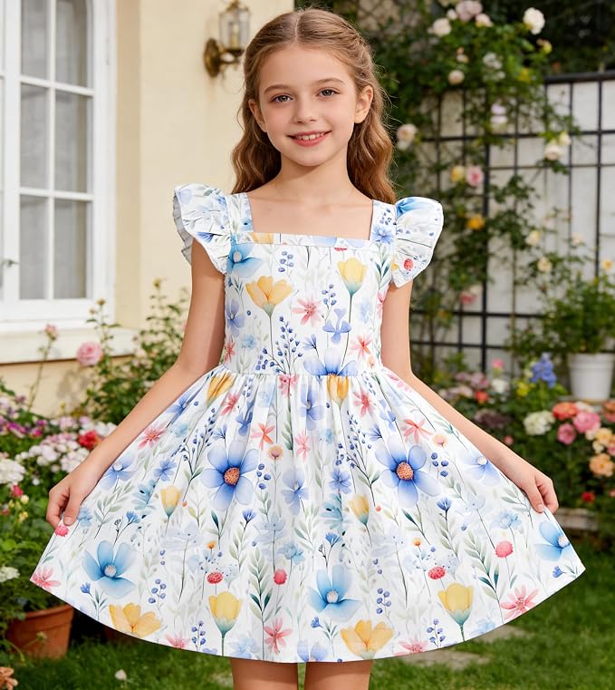 Popshion Girls Dresses Flutter Sleeve Swing Sundress Toddler Summer Clothes Kid Birthday Party Sleeveless Dress 1-8 Years Old
