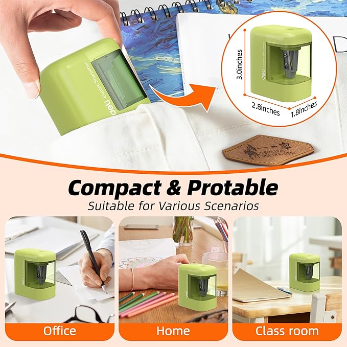 deli Electric Pencil Sharpener, Portable Pencil Sharpener for No.2 Pencils Colored Pencils, Battery Powered Electric Pencil Sharpener for School, Home, Office, Green