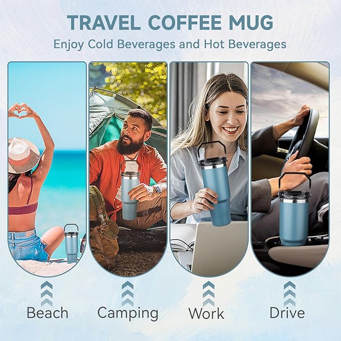 30oz Tumbler with Handle and Flip Straw Lid Double Wall Insulated Travel Coffee Mug Stainless Steel Vacuum Insulated Coffee Tumbler Cup for Hot and Cold Beverages,Leak-proof (30oz,Glacier blue)