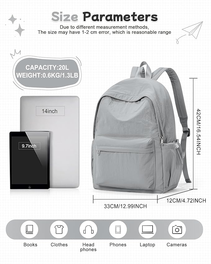 BJLFS Small Backpack for School Girls Kids Women, Grey Waterproof Bookbag Cute High School Back Pack for Men Teen Boys, Lightweight Travel College Backpack Mochilas Escolares para Daypack Rucksack