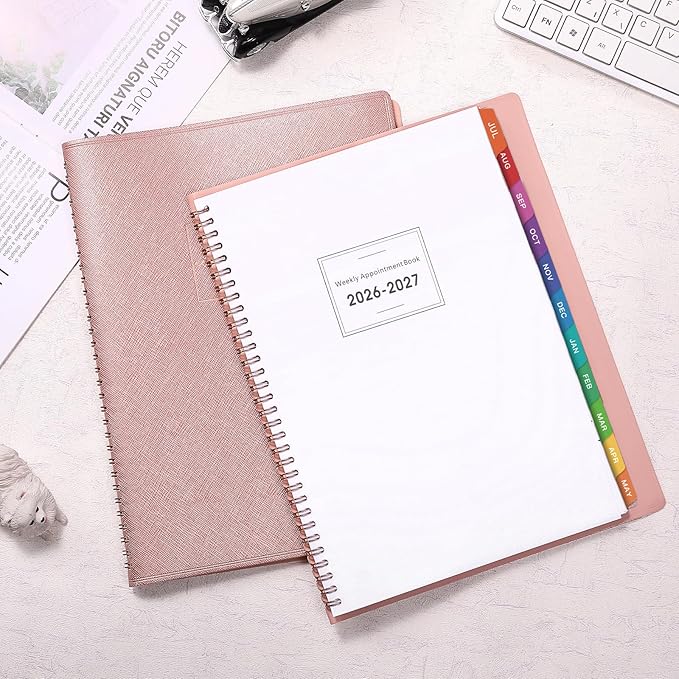 MaaIbok Appointment Book 2026-2027 for School, Office, Home Faux Leather Tab, 15-Minute, Spiral Bound Hourly Planner Appointment Scheduling Book with Tabs - Rose Gold 8.5" x 11"