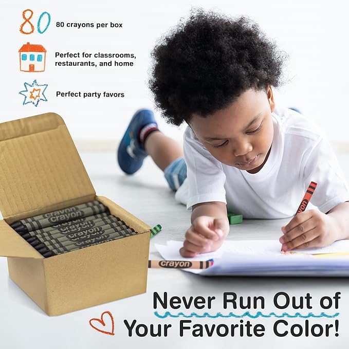80 Count Single Color Crayons Bulk Pack - BLACK single color crayon refill - Regular size crayons (5/16" x 3-1/2")
