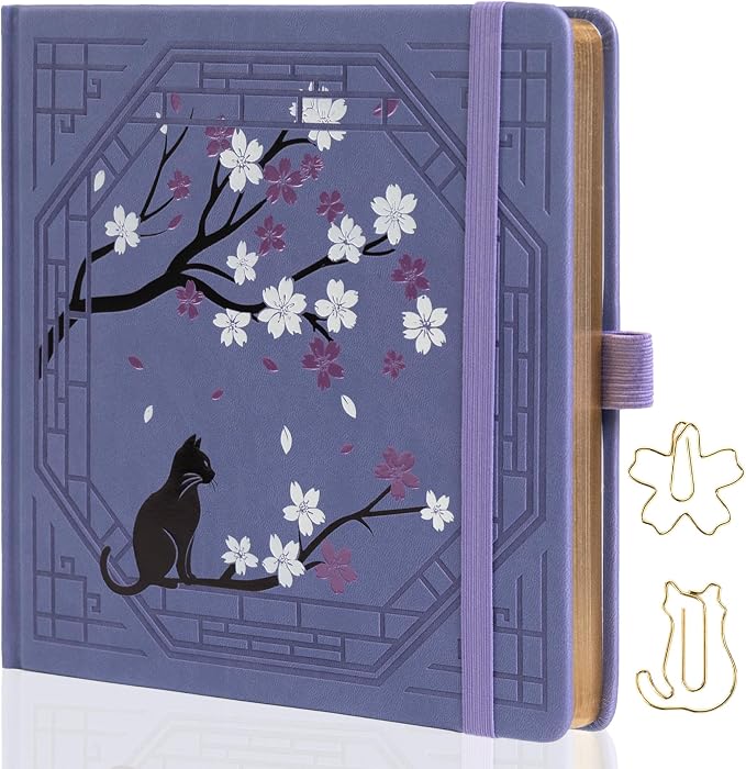 TIEFOSSI Square Dotted Journal, Cute Cat Journal for Women Girls, Dot Notebook with Pretty Sakura Pattern, Aesthetic Diary for Writing Journaling Drawing, Golden Edges, 8 x 8 IN