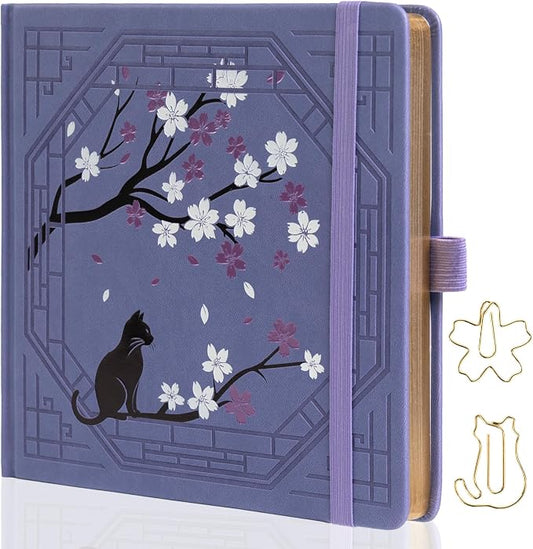 TIEFOSSI Square Dotted Journal, Cute Cat Journal for Women Girls, Dot Notebook with Pretty Sakura Pattern, Aesthetic Diary for Writing Journaling Drawing, Golden Edges, 8 x 8 IN