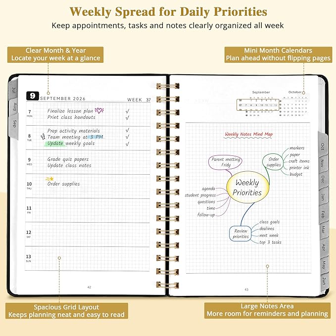 JoyCat 13-Month Academic Planner 2026-2027, June 2026 - June 2027, A5 Weekly & Monthly Planner, Hardcover Agenda with Tabs, 5 Sticker Sheets, Elastic Closure & Pocket for Teachers & Students, 6.3" x 8.5", Black