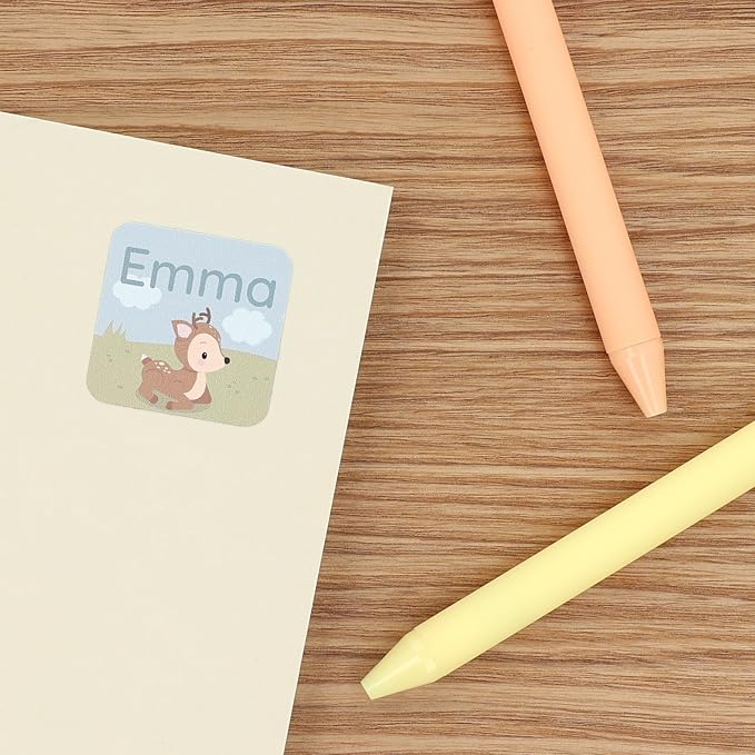 Camp Name Labels for Kids (33) – Custom Waterproof Stickers for Water Bottles, Lunch Boxes, Daycare & School with Unique Designs - Deer