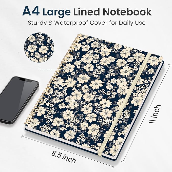 Taja Large Spiral Lined Journal for Women, 8.5" x 11" Notebooks for Work Collge Ruled, A4 Aesthetic Cute Journaling Notebooks for Writing, Plastic Cover, Daisy Garden