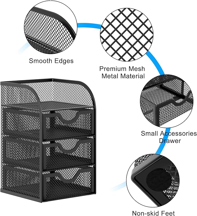 EasyPAG Mesh Desk Organizer with 3 Drawer Office Desktop Organizers and Accessories Stationery Caddy for Office, Home, Students, Black