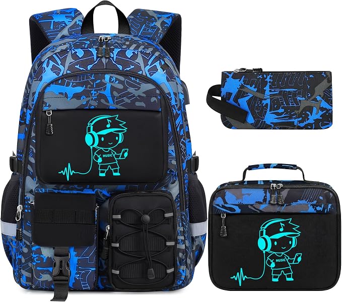 School Backpack for Boys - 3pcs Gamer Boys Backpack with Lunch Box Set for Kids Teens Elementary Middle High School,18″ Large Capacity Students Bookbag with Usb Charging Port