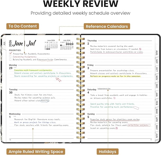 Planner 2026-2027, Academic Planner Weekly and Monthly, Jul 2026 - Jun 2027, Spiral Bound School Planning Tool with Tabs and Pocket, Perfect for Students & Teacher, 6.3" x 8.5", Dino Fossils