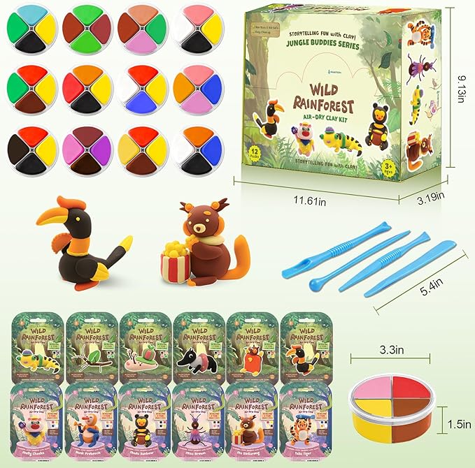 Wild Rainforest Air Dry Clay Kit for Kids - 12 Jungle Animal Models with 4 Colors & Tools, Animal Making Clay Set, Non-Toxic Air Dry Modeling Clay, Creative DIY Craft Gift for Ages 3-12