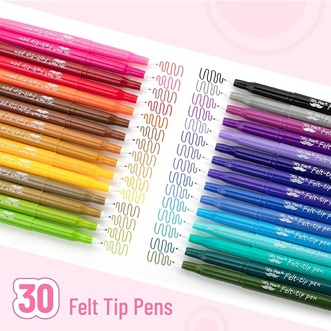 Mr. Pen- Felt Tip Pens, 30 Pack, 0.7 mm, Colorful Felt Tip Pens, Fast Dry, No Smear, Planner Markers for Underlining, Writing, Drawing, Journaling Supplies