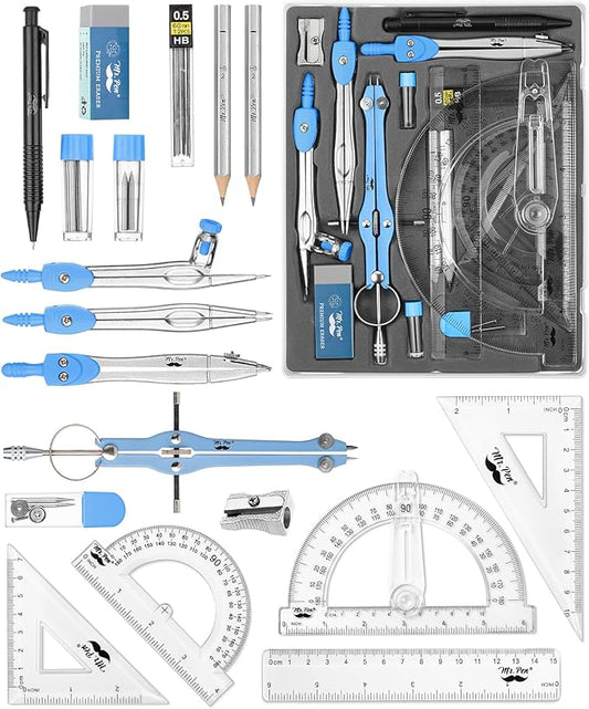 Mr. Pen- Geometry Set, 15 pcs, Blue, 6 Inch Swing Arm Protractor, Divider, Set Squares, Ruler, Compasses and Protractor