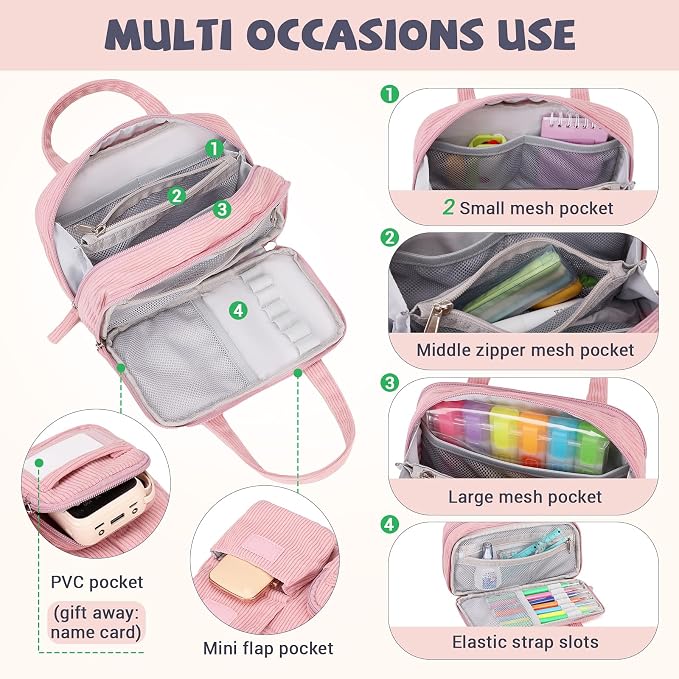 Pencil Case Corduroy Multiple Compartments Pouch Bag for Girl, Pink