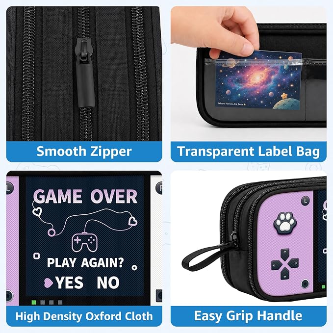 Game Controller Pencil Case for Boys Kids Teens, Large Capacity Pencil Pouch with 3 Compartments, 7 Pockets and Label Pocket for School College Office Travel (Purple & White)