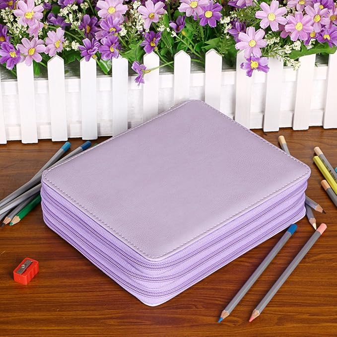 BTSKY Deluxe PU Leather Pencil Case For Colored Pencils - 120 Slot Pencil Holder with Handle Strap Handy Colored Pencil Box Large (Purple)