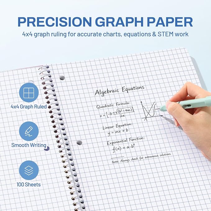 SUNEE Spiral Notebook, 1-Subject, Graph Ruled Paper, 8" x 10-1/2", 100 Sheets per Notebook, 3-Hole Punched Paper, Water Resistant Cover, Spiral Grid Notebooks for Work, Home, School, Grey Blue