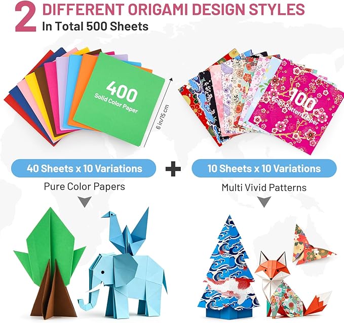AluAbi Japanese Origami Paper Kit,100 Sheets Japanese Patterns & 400 Sheets Double Sided Color Origami Paper,DIY Arts Crafts Scrapbook Folding Paper Set for Kids Ages 5-8 8-12,Gift for Kids Boys Girls