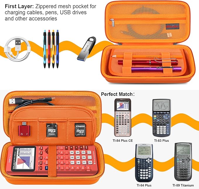Elonbo Carrying Case for Texas Instruments TI-84 Evo/TI-84 Plus CE Evo Graphing Calculator, Extra Mesh Pocket Fits Charging Cable Charger Manual, Orange