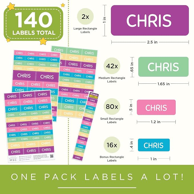 Personalized Daycare Name Washable Labels for Kids, (140 Pack) Waterproof Custom Name Stickers for Clothing Tags, Lunch Boxes and School Supplies, Made in USA by MSC -Dream