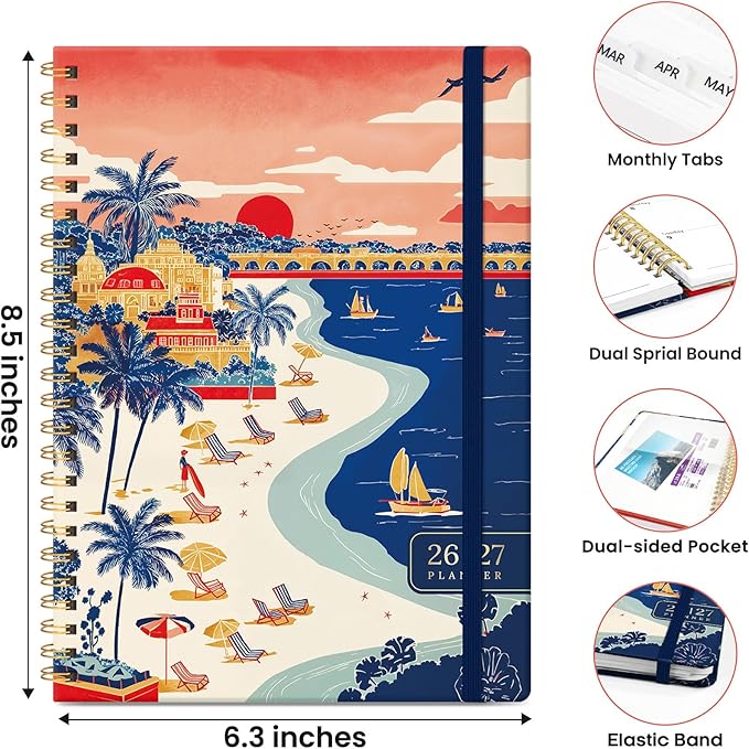 Planner 2026-2027, Academic Planner Weekly and Monthly, Jul 2026 - Jun 2027, Spiral Bound School Planning Tool with Tabs and Pocket, Perfect for Students & Teacher, 6.3" x 8.5", Coastal Sunset