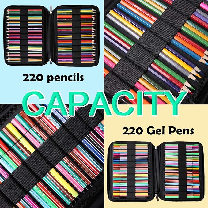 JAKAGO 220 Slots Colored Pencil Case Large Capacity Pen Holder for Artist Painter Zipper Organizer Bag for Marker Highlighter Storage Case for Office Sketch Travel Supplies (Black)