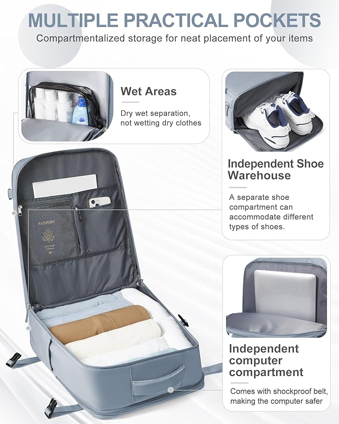 coowoz Large Travel Backpack Carry On for Women Man Waterproof Gym Backpack with Laptop Compartment Mochila de Viaje Teacher Personal Item Backpacks Rucksack Airplane Accessories Must Haves Gray Blue