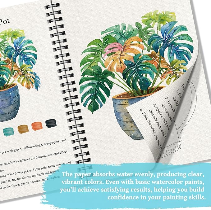Elfew 2 Pack Watercolor Workbooks Coloring Books, 24 Pages Beginner Friendly Painting Kit, Detailed Steps, 12 Colors Paint Set with Brush, Stress-Relieving Gift for Adults & Women (Animals & Flowers)