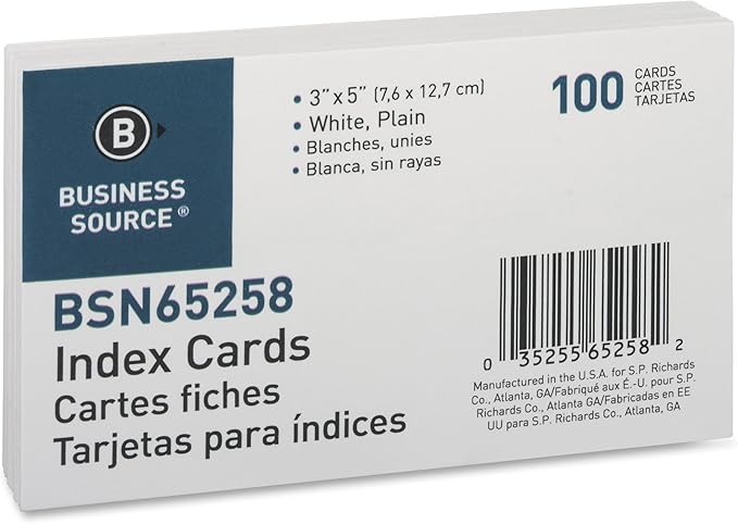 Business Source Index Cards, Plain, 3" x 5", White, 100 Count