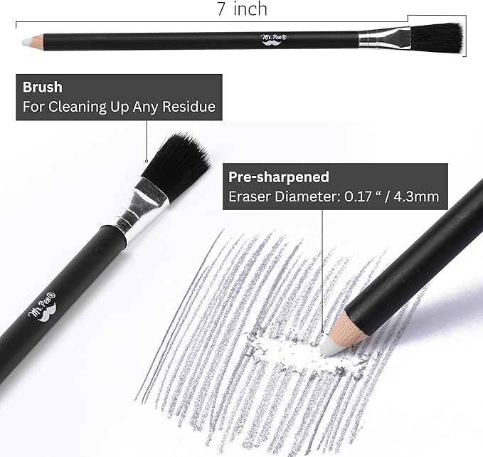Mr. Pen- Art Eraser Set, 12 pcs, Artist Pencil Erasers, Drawing Supplies Kit, Dual-Ended Eraser Pencils with Cleaning Brush, Kneaded, Soft and Hard Erasers, Sharpener for Sketching, Detailing, Shading