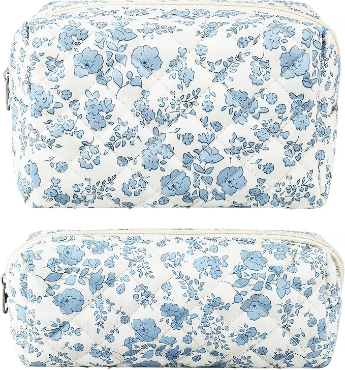 URSKYTOUS 2Pcs Floral Makeup Bag for Women Cotton Quilted Small Coquette Cosmetic Bag Cute Zipper Blue Flower Makeup Pouch Aesthetic Portable Pencil Case Travel Toiletry Bag Trendy Cloth Skincare Bag