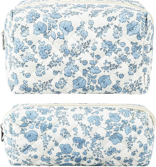 URSKYTOUS 2Pcs Floral Makeup Bag for Women Cotton Quilted Small Coquette Cosmetic Bag Cute Zipper Blue Flower Makeup Pouch Aesthetic Portable Pencil Case Travel Toiletry Bag Trendy Cloth Skincare Bag