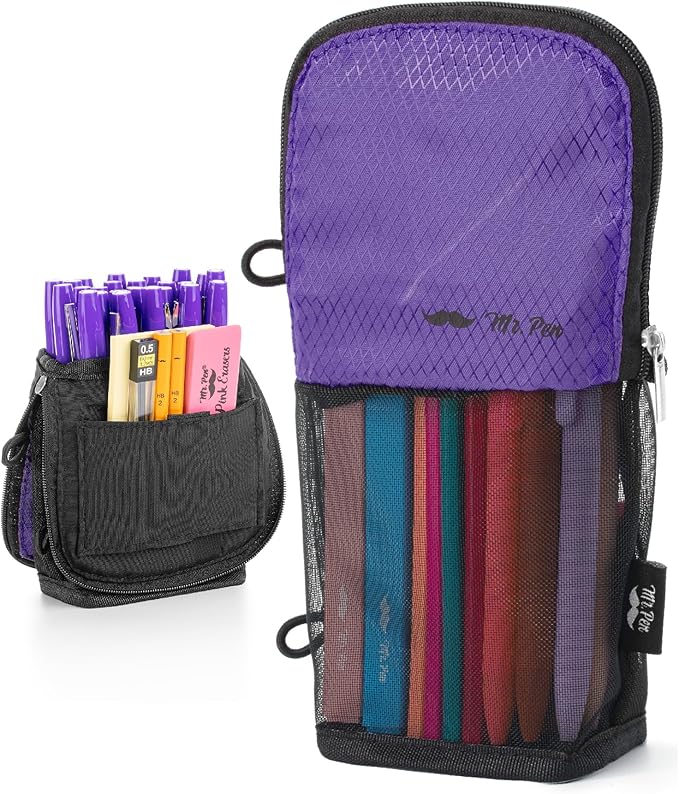 Mr. Pen- Standing Pencil Case Pouch, Sit & Lay Mesh-View Design, Black & Purple, Interior Pocket & 2 Elastic Binder Loops, Cute Pencil Case for Girls and Boys