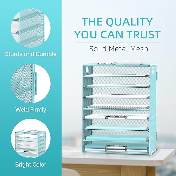 DALTACK 9-Tier Paper Organizer for Desk, Mesh Letter Tray Desk Organizer with Handles, Space-Saving File Organizer for Office Home School, Blue