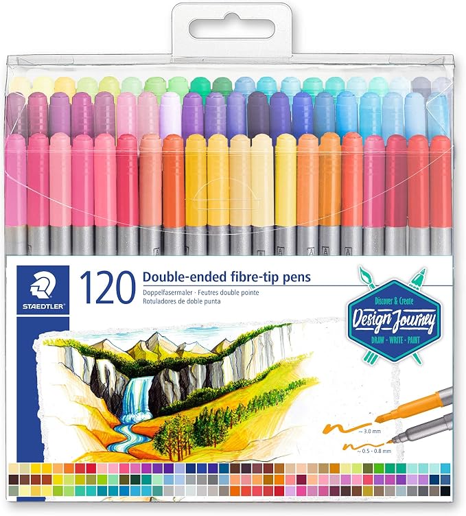 Staedtler Double-Ended Fiber-Tip Pens, Non-Permanent Ink, Fine & Bold Writing and Coloring Tips, 120 Assorted Colors, 3200 TB120, Multicoloured (3200 TB120ST)