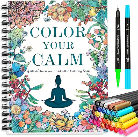 Coloring Books for Adults with 36 Dual-Tip Markers, 30 Patterns Positive Quotes Adult Coloring Book for Adults Relaxation, Calming Gifts for Anxiety and Mindfulness Gifts for Women