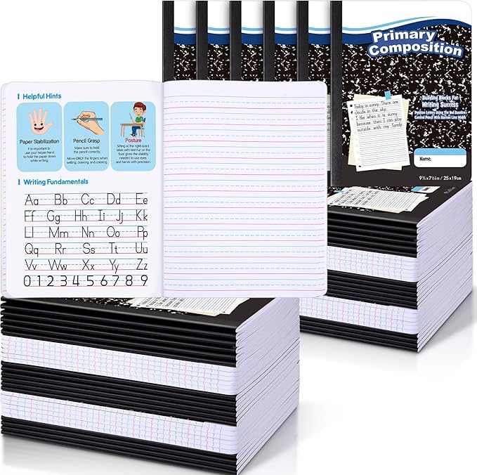 Watersay 60 Pack Primary Ruled Composition Notebook, Grade K-2 Journal 50 Sheets, 7-1/2" x 9-3/4" Primary Composition Book Writing Notebook for Kids Kindergarten Preschool 1st 2nd Grad (Black)