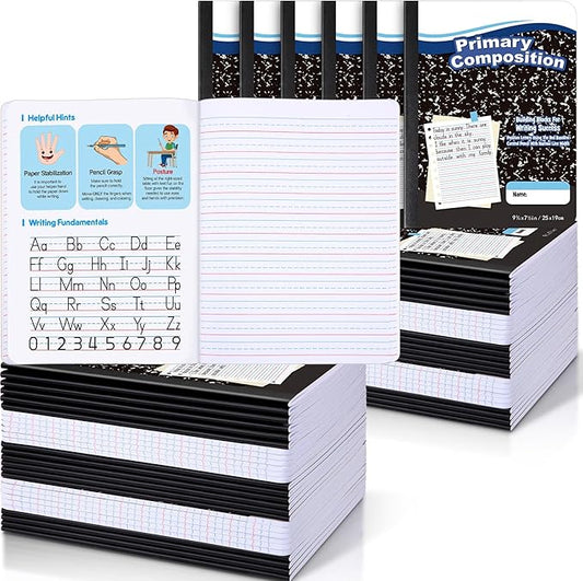 Watersay 60 Pack Primary Ruled Composition Notebook, Grade K-2 Journal 50 Sheets, 7-1/2" x 9-3/4" Primary Composition Book Writing Notebook for Kids Kindergarten Preschool 1st 2nd Grad (Black)