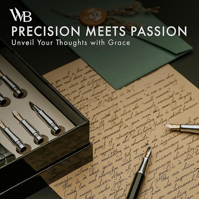 Wordsworth & Black Calligraphy Pen Gift Set, Includes Ink Bottle, 6 Ink Cartridges, A Refill Converter, 6 Replacement Nibs, Journaling, Smooth Writing Pens [White Rose Gold]