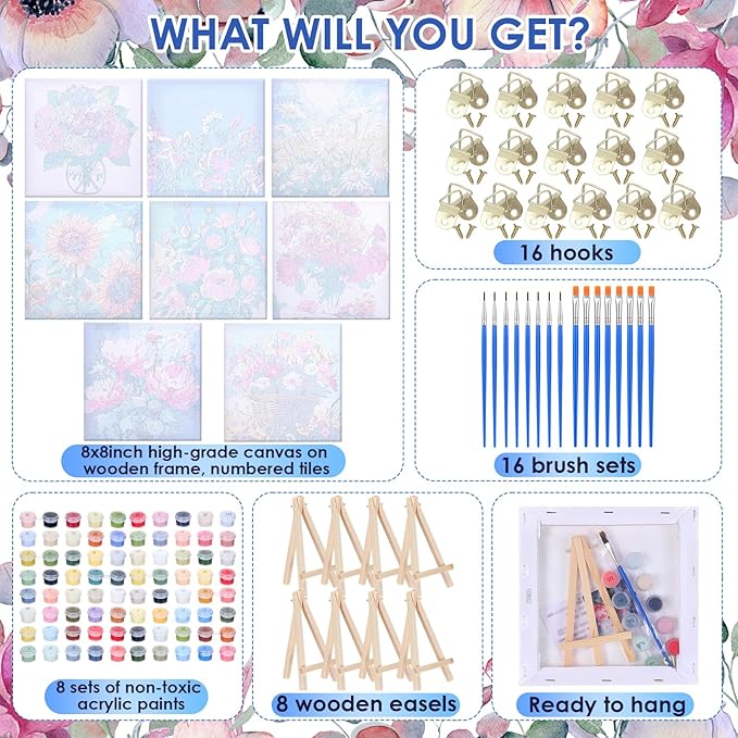 RoundFunny 8 Set Paint by Numbers Kit for Adults with 8x8 Inch Mini Simple Painting Canvas Wooden Frame Easel Acrylic Paints Brushes Funny Numbers Drawing Kit for Gift Home Wall Decor(Vibrant Blooms)