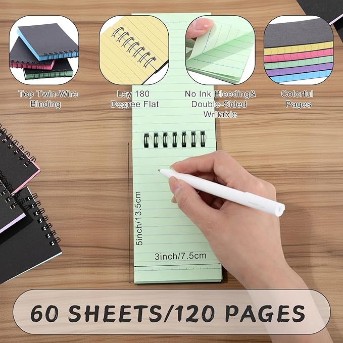 Tenceur 5 Pcs Pocket Notebook Small 3x5 Inch Black Cover 5 Color Pages Top Spiral Notepads Bound Notebook with Lined 120 Pages Mini Memo Pads for Office College Nurse Essentials Back to School Gift