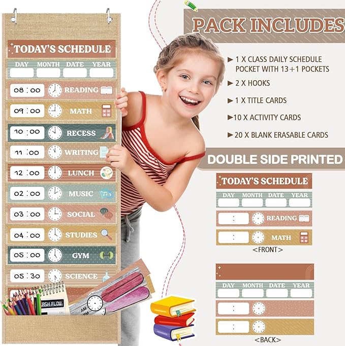 Pasimy Burlap Daily Schedule Pocket Chart with 31 Reusable Cards and 14 Pockets Retro Rainbow Classroom Decor Farmhouse Schedule Charts Decorations for Back to School Office Home Educational Activity