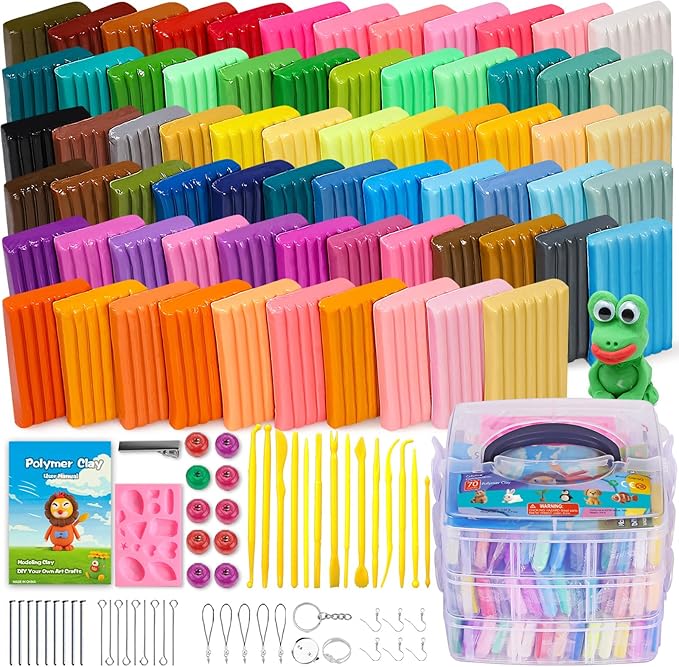 CiaraQ Polymer Clay 70 Colors Starter Kit - Oven Bake Modeling Clay for Kids & Artists, Non-Sticky DIY Clay with Sculpting Tools, Fun Gift for Children Ages 4+, 3.69 lb