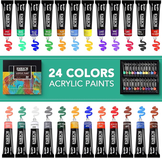 ESRICH 40PCS Acrylic Paint Set, Art Painting Supplies Kit with 24 Paints, 2 Canvas Panels,10 Brushes, Table Metal Easel Etc, Premium Paint Set for Students, Artists and Beginner