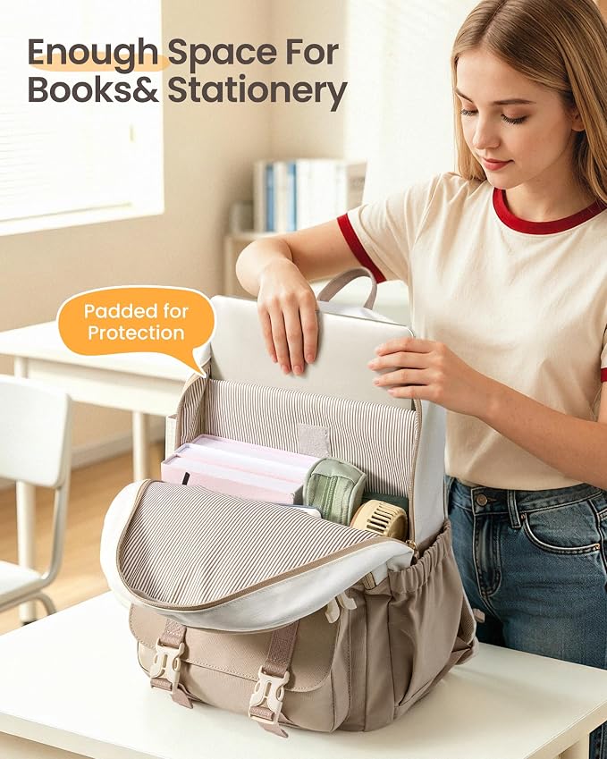 LOVEVOOK School Backpack for Teen Girls, Bookbag for 8-16 Student, Middle High College Back to School Cute Kids Backpack, 17.3 Inch, Pink-beige