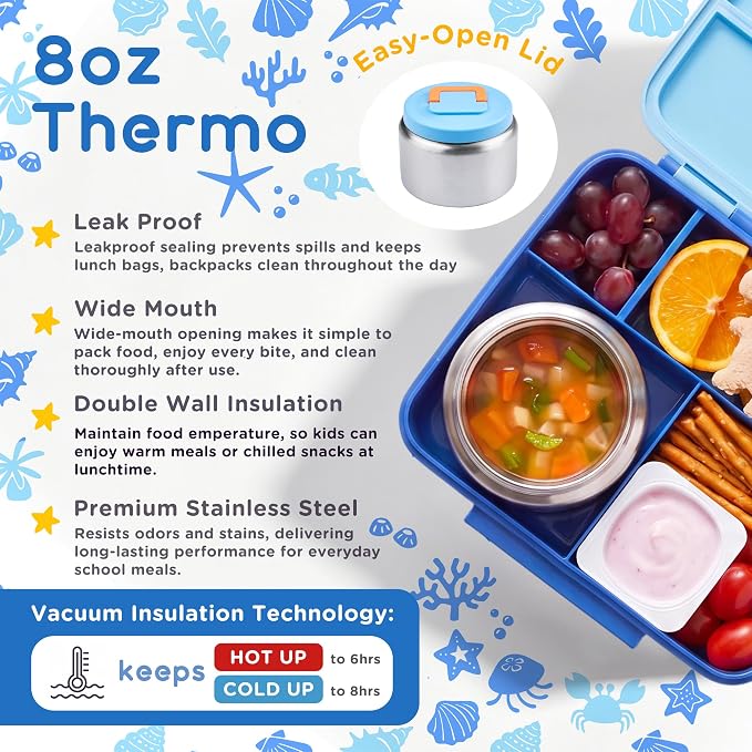 Bento Lunch Box for Kids with 8oz Soup Thermo Leak-Proof Lunch Food Containers with Snack Sauce Container for Kid Girls Boys to School,Blue Bag