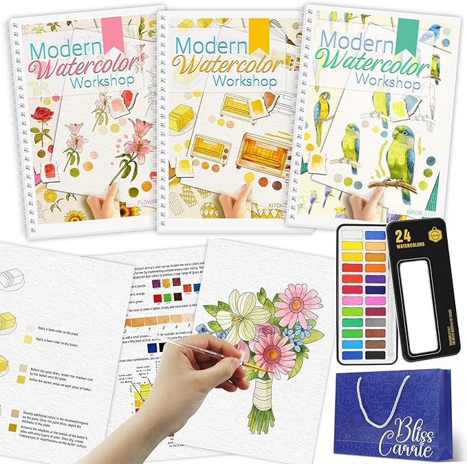 3Pcs Watercolor Workbook Paint Book Beginner Friendly Painting Kit, 36 Pages Workbooks with 24 Paint Colors & Brush for Beginners, Stress-Relieving Gift for Women Adults (Bird&Flower&Kitchen)