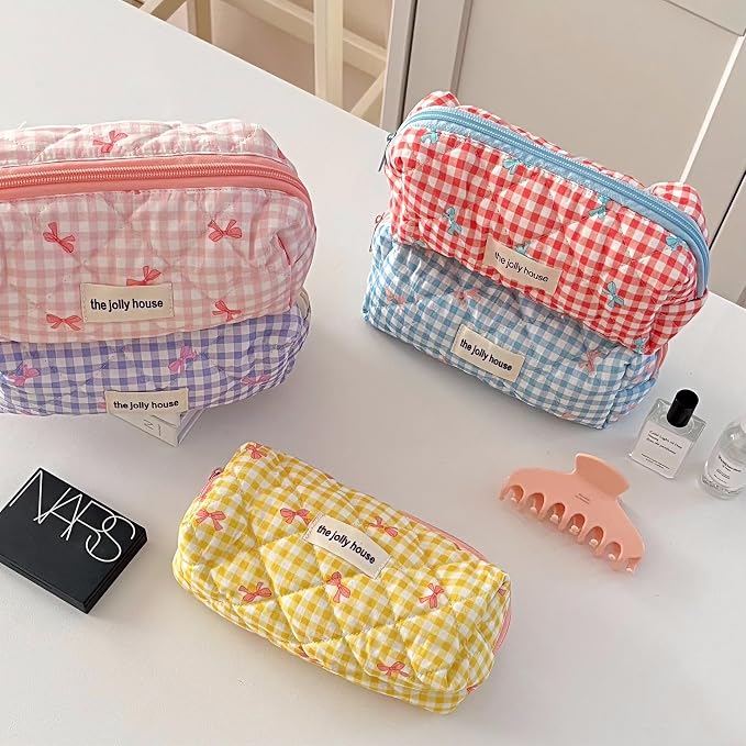 Carry bloom Pencil Pouch Cute Pencil Case for Girls Aesthetic Pencil Bag with Zipper Pen Cases School Supplies Makeup Bag (Checkered bow red)