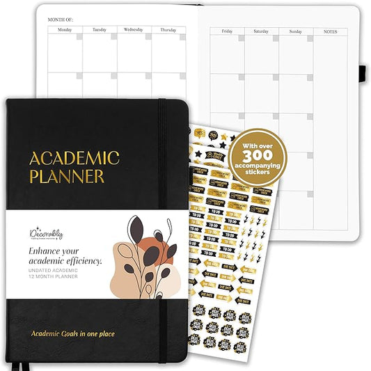 Decorably 240 Pages Gold Foil Monthly & Weekly Undated College Student Planner with Stickers, 6x8.6in Leatherette Hardcover with Goals, Priorities, to-dos, Habit Tracker & Notes - Home, School, Office